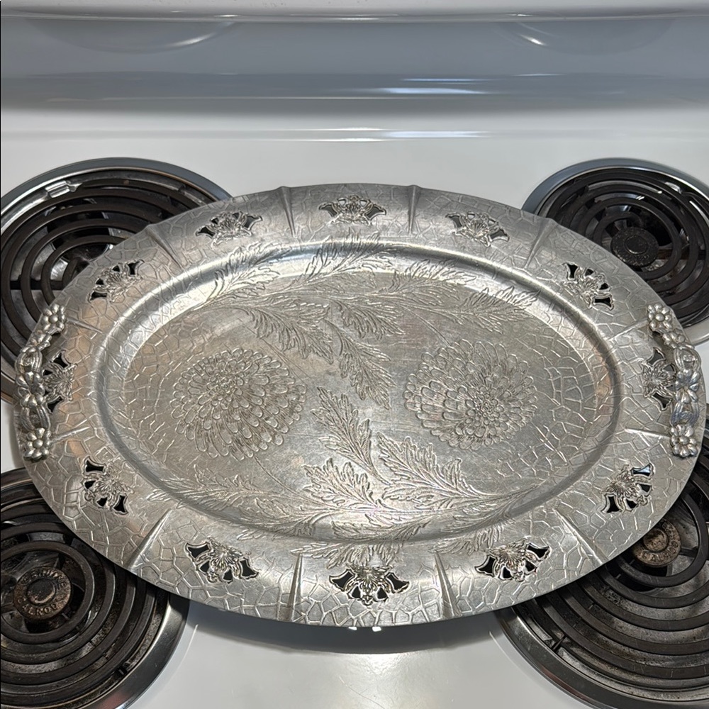 Amazing used condition Forman Family reticulated hammered aluminum serving tray.